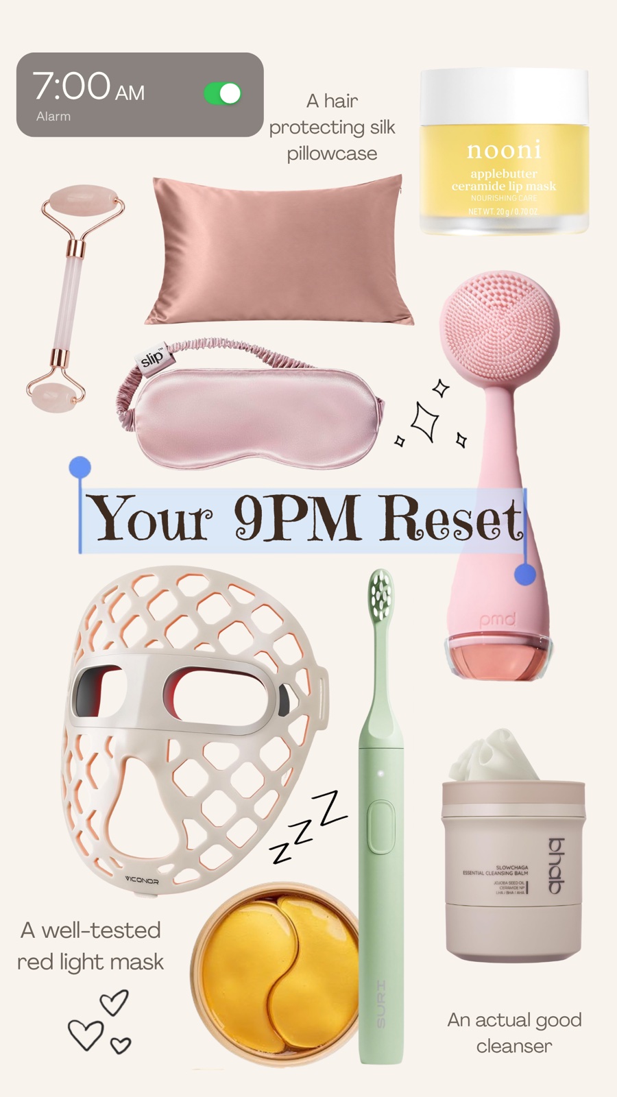 Your 9PM Reset: the collage, with a number on each product